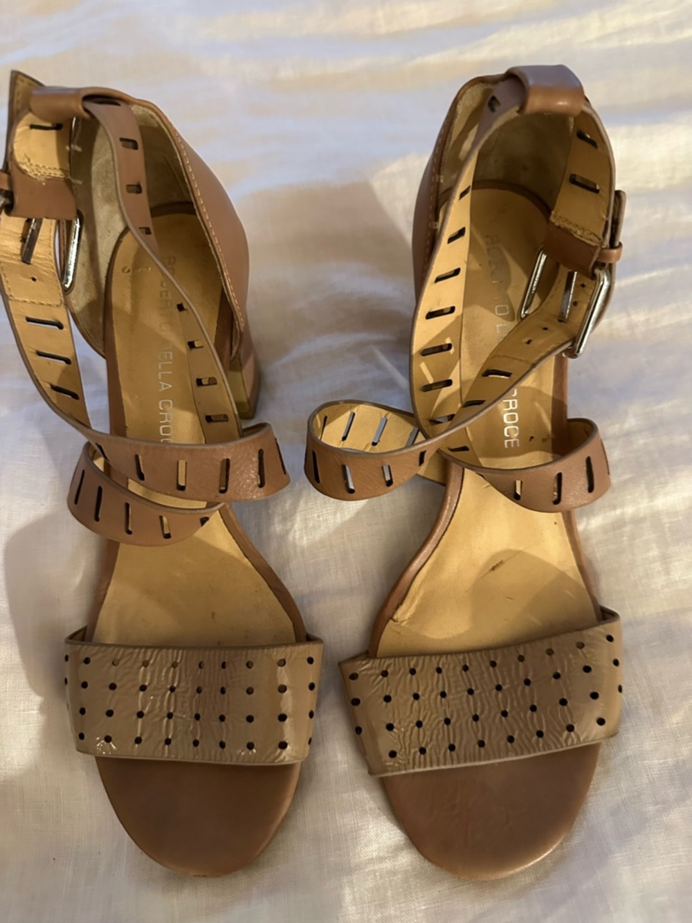 Roberto Della Croce Tan Perforated Leather Ankle-Strap Sandals.
